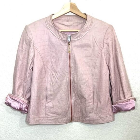St. John Collection Pink Lamb Leather Jacket Silk Lined Croc Embossed Size 10 - Picture 15 of 15